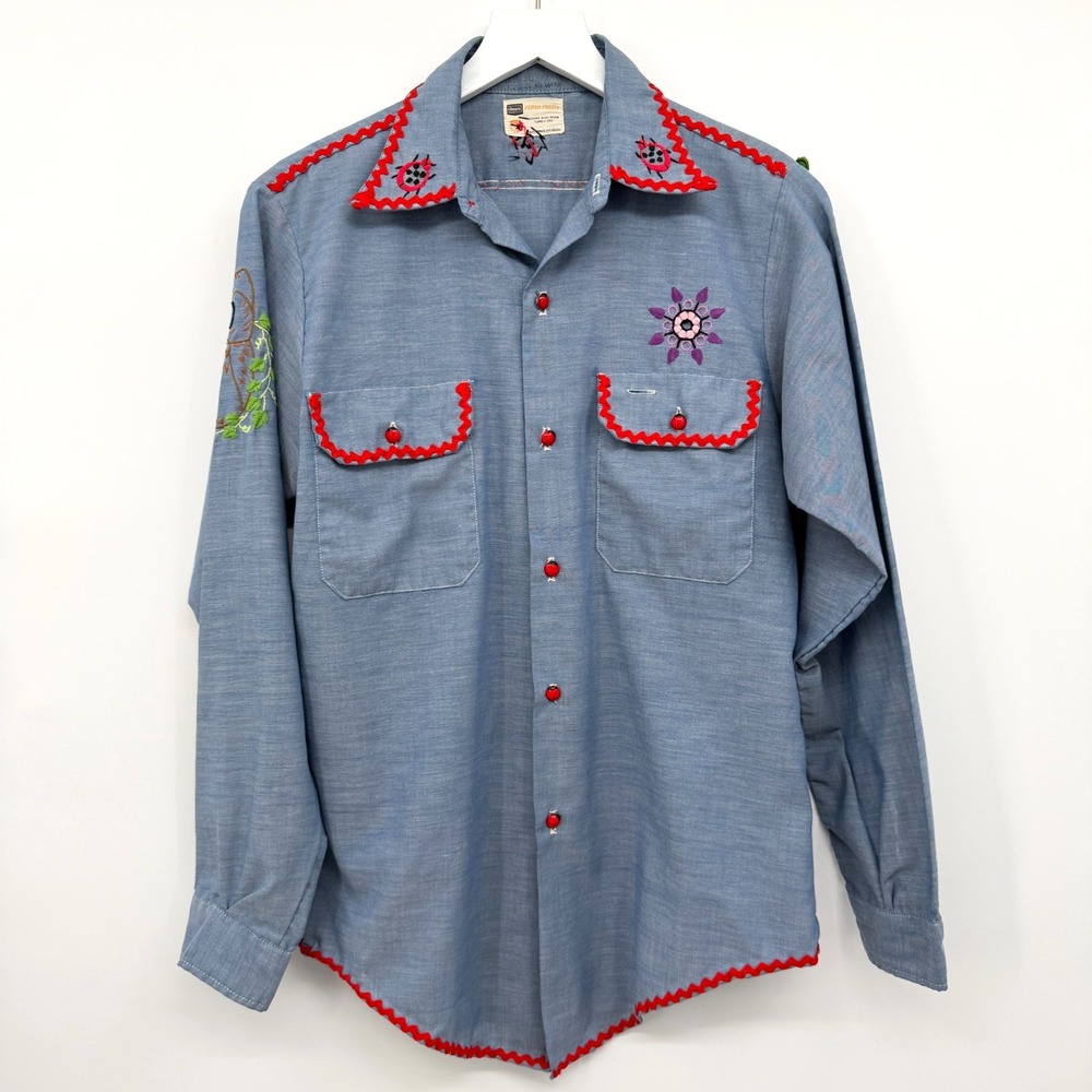 Vintage 70s Hand Embroidered Top Shirt S M Chambray Lady Bug Owl Floral USA